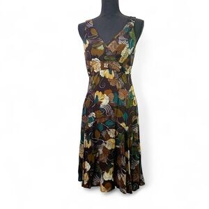 Vintage Brown Floral Beaded V-neck Knee Length Dress Size 10 Boho Hippie Fairy